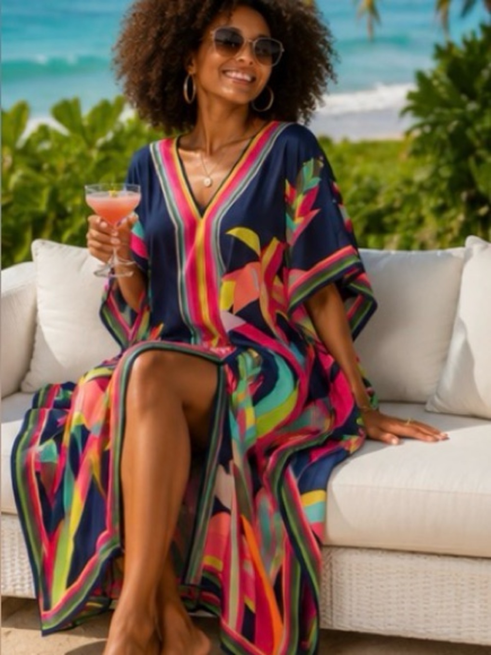 🏆 Trina Turk Style Tropical Caftan Kaftan Maxi Dress | Beach Cover Up - Picture 2 of 6